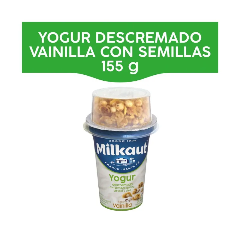 Yogur descremado con semillas Milkaut vainilla 155 g.