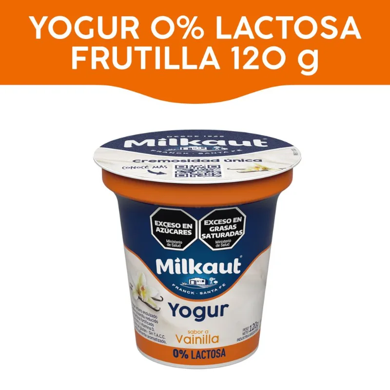 Yogur entero Milkaut frutilla 0 lactosa pote 120 g.