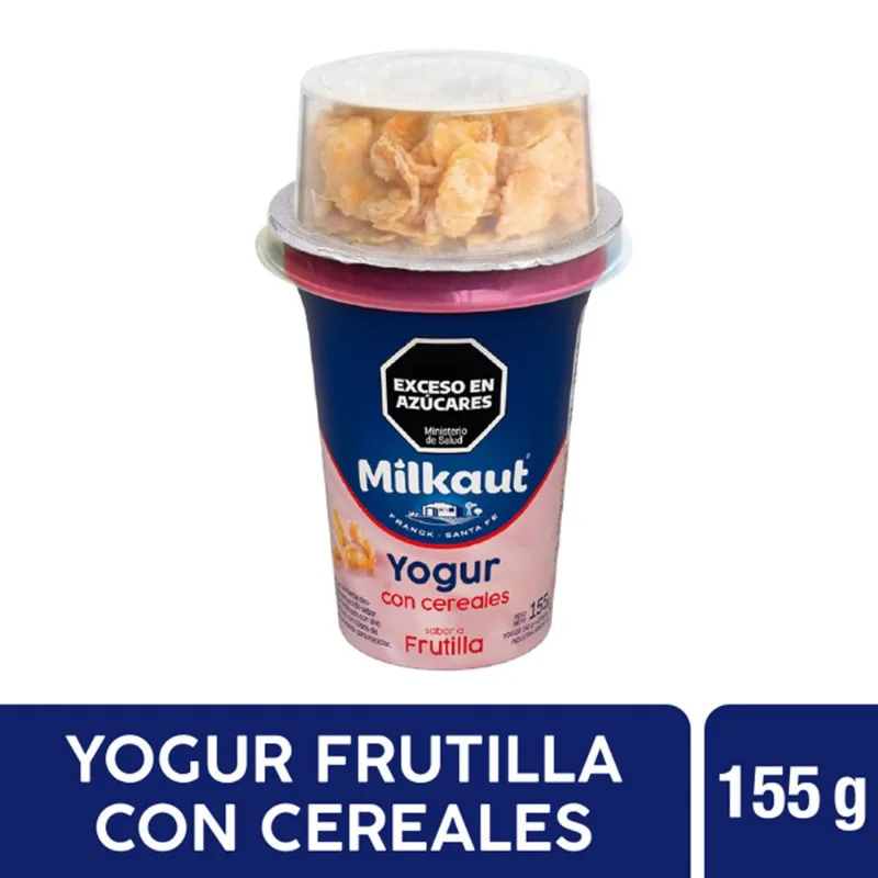 Yogur entero Milkaut de frutilla con cereales en pote 155 g.