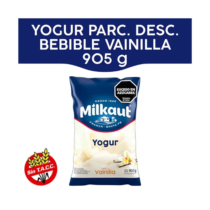 Yogur entero Milkaut sabor vainilla sachet 905 g.