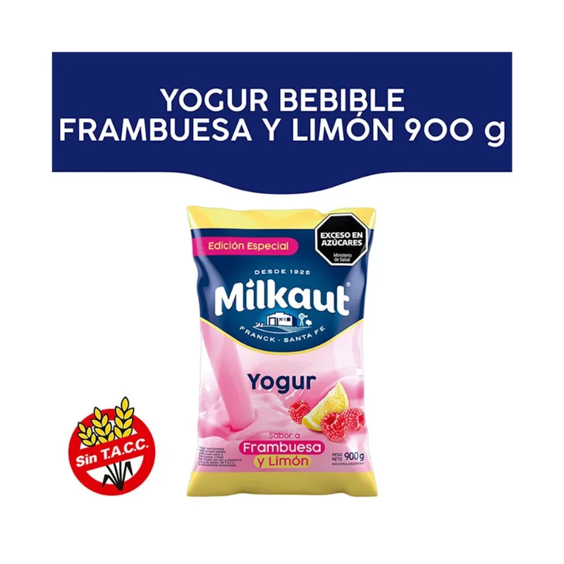 Yogur bebible entero Milkaut de frambuesa y limón en sachet 900 g.