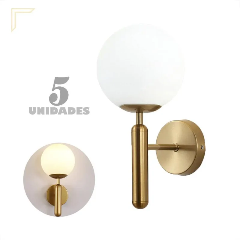 Kit 5 Arandela Dourada Globo Vidro Branco E27 Sala Lavabo