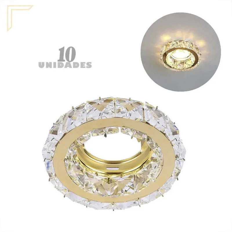 Kit 10 Spot Cristal Embutir Redondo Dourado K9 Inox Mr16