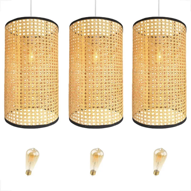 Kit 3 Pendente Fibra Natural Palha Tela Indiana Nat84 + Led