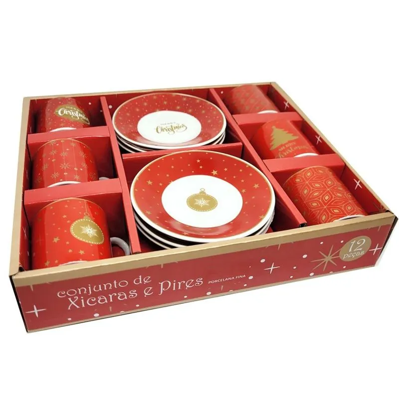 Conjunto De Xícara Para Café Porcelana Fina Estampa Natalina Prime 6 Unidades