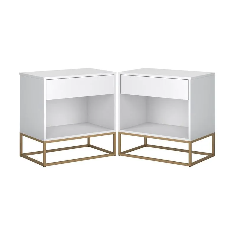 Conjunto 2 Mesas de Cabeceira Industrial Branco com Pés de Ferro Dourado