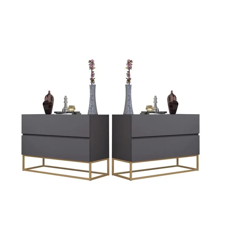 Kit 2 Criados Eros 60cm Estilo Industrial Com Base de Ferro Cinza/Dourado