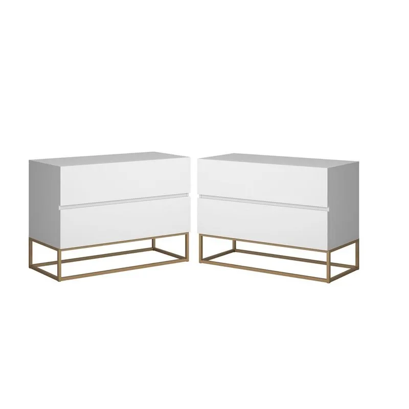 Conjunto 2 Mesa de Cabeceira Estilo Industrial Branca Base de ferro dourado