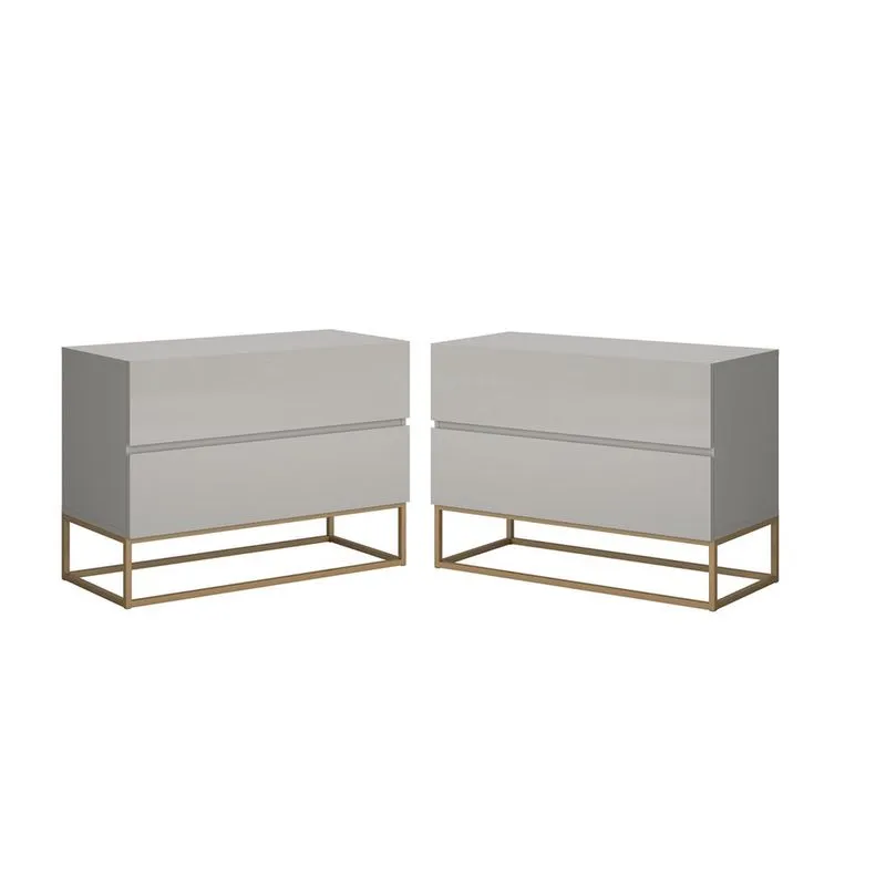 2 mesas de cabeceira apoio eros 60cm estilo industrial puxador em cava central offwhite / Dourado