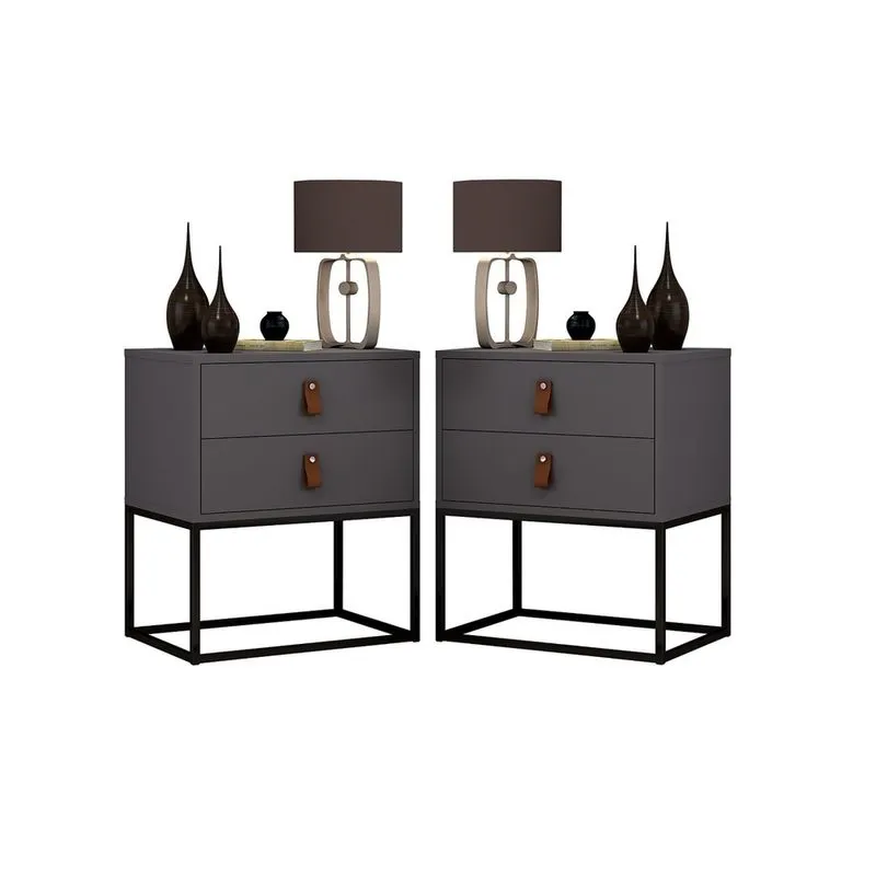 2 Mesas de Cabeceira lateral Quarto Casal Industrial Unic 45cm Cinza Pés de Ferro Preto