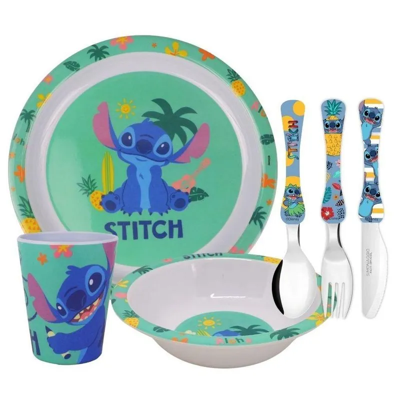 Jogo Refeição Infantil Melamina Stitch Disney 6 Peças, Pratos, Copo E Talheres - Tuut