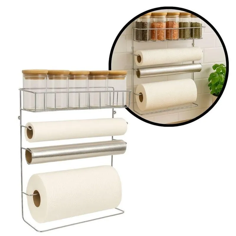 Suporte Para Cozinha 4 Em 1 Aço Cromado Porta Rolos Com 5 Potes Vidro Hermético Tampa Bambu 90ml - Mundial Casa
