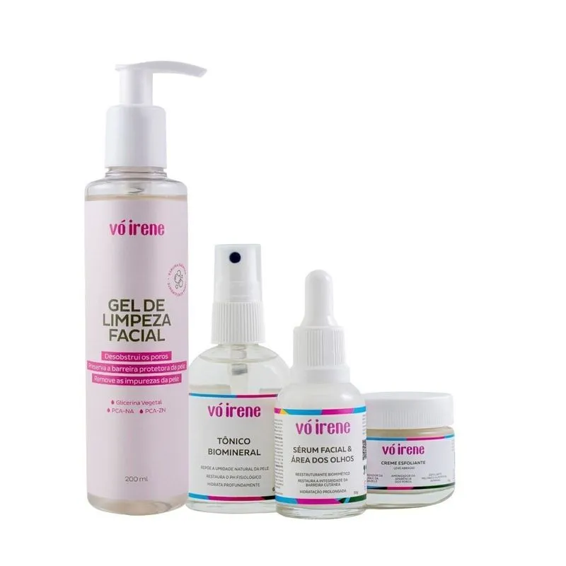 Rotina Completa Vó Irene - Gel de Limpeza, Esfoliante, Tônico Restaurador e Sérum facial & Área dos Olhos