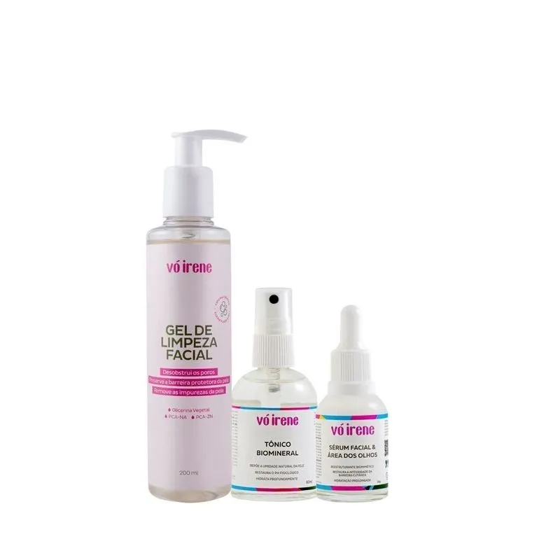 Rotina Essencial Diária: Gel de limpeza, Tônico Restaurador Biomineral e Sérum Facial & Área dos Olhos