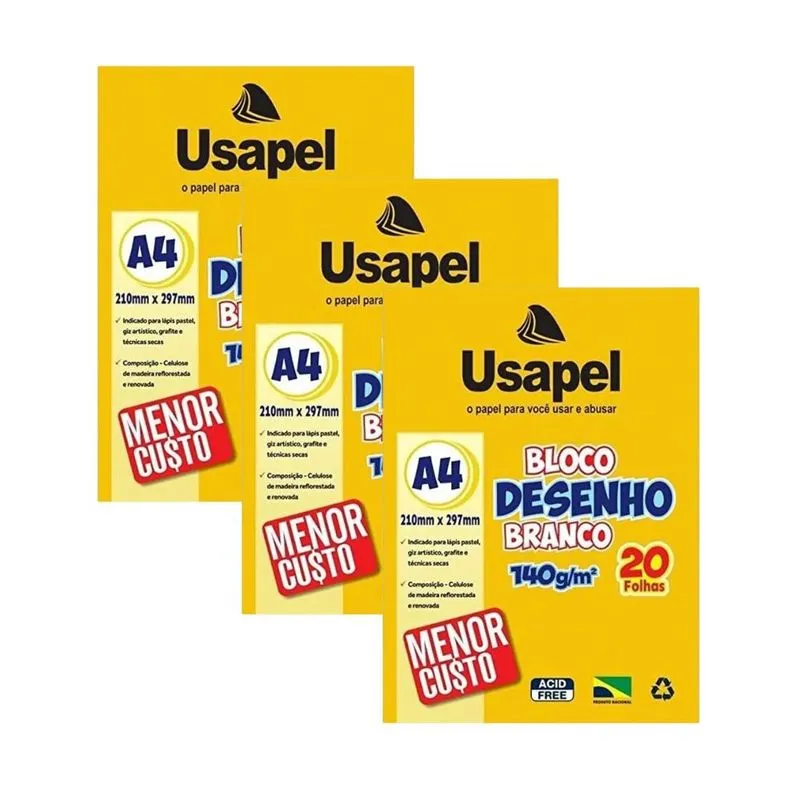 Kit 03 Blocos de Desenho Escolar A4 Branco 140gm 20 Folhas - Usapel