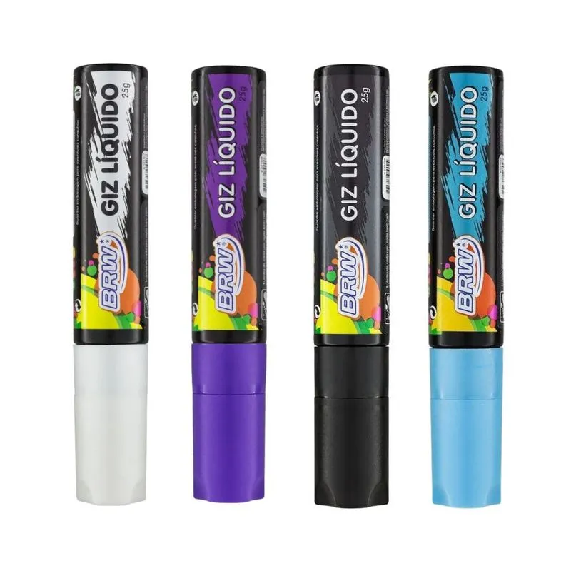 Kit 4 Canetão Giz Líquido 15mm brw 25g Marcador p/ Lousa Vidros (br + rx + az + pt)