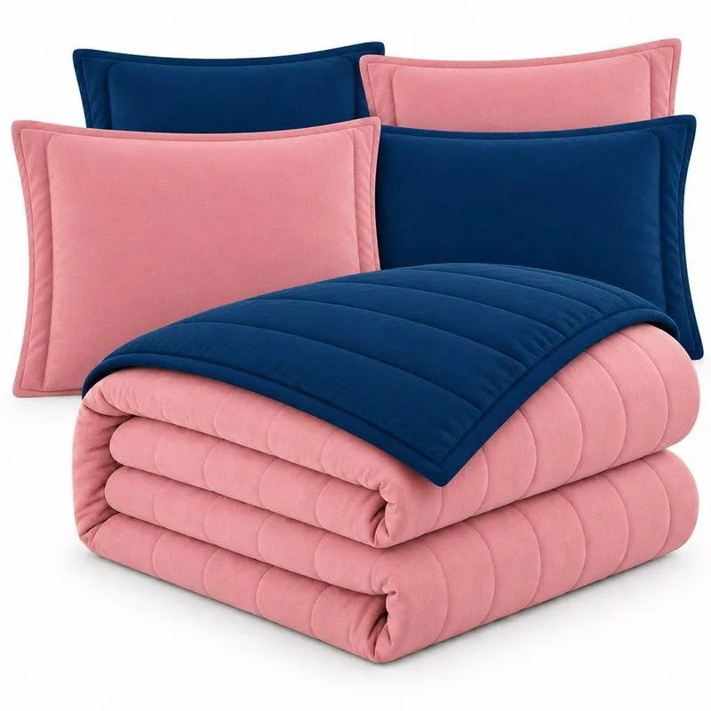 Kit Cobre Leito Duo Casal 100% Algodão Malha Dupla Face Marinho E Rose Casa Scarpa