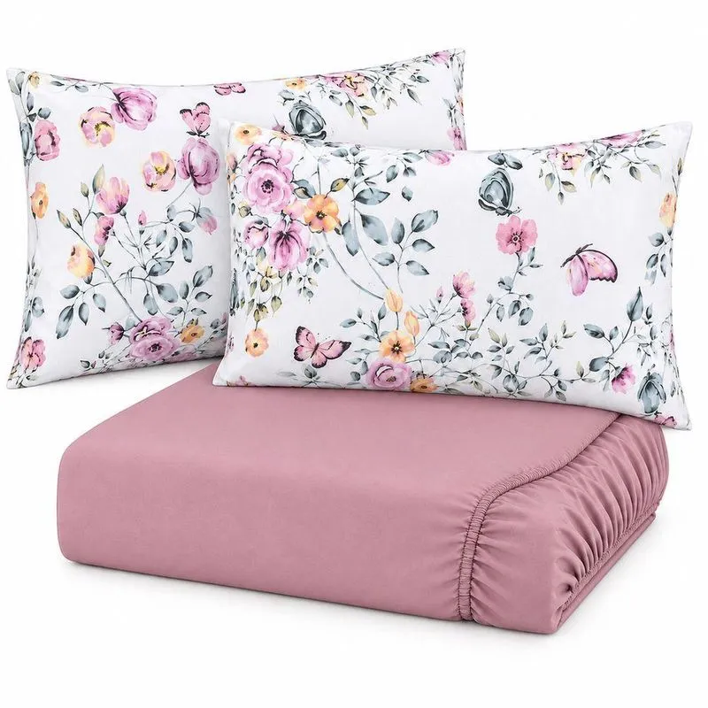 Jogo De Cama Lençol King Malha Soft 3 Peças 100% Algodão Fio Penteado Borboleta Rosa Casa Scarpa
