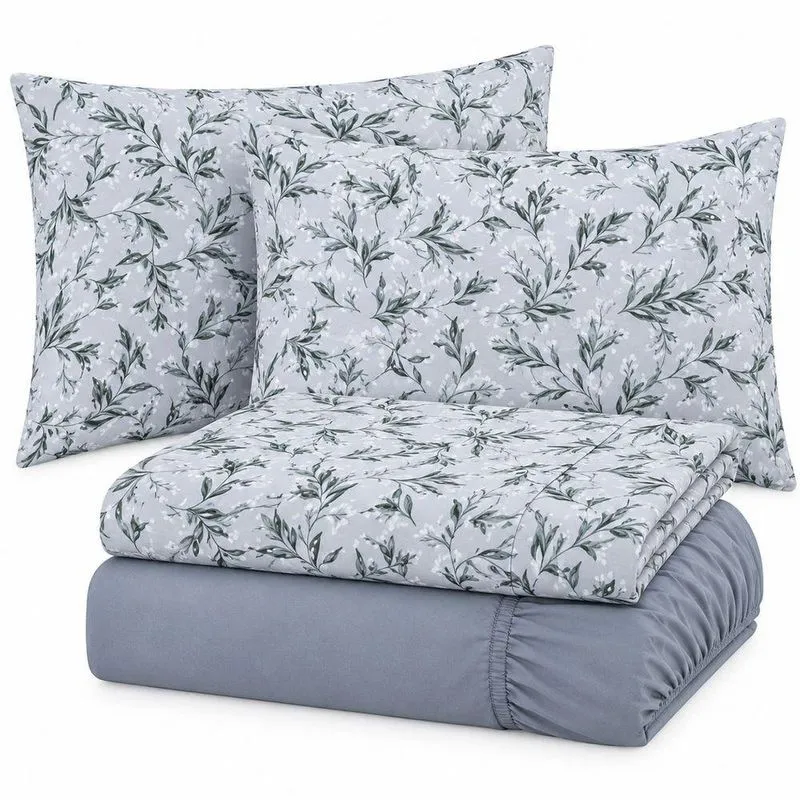 Jogo de Cama King 4 Peças 100% Algodão Fio Penteado Floral Cinza Casa Scarpa