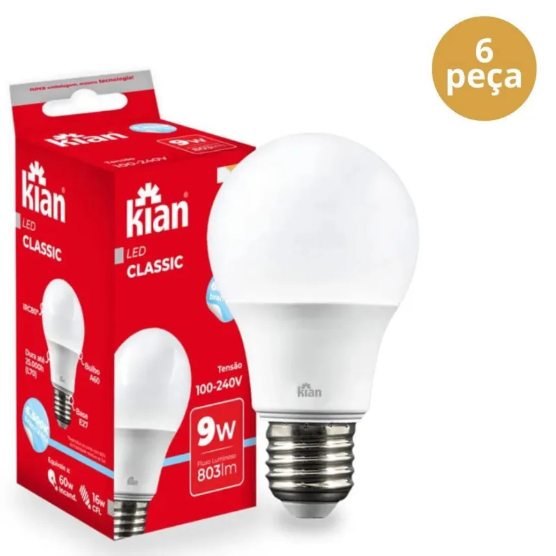 6 Lâmpada 9 W Led 6.500K Bivolt E27 Kian
