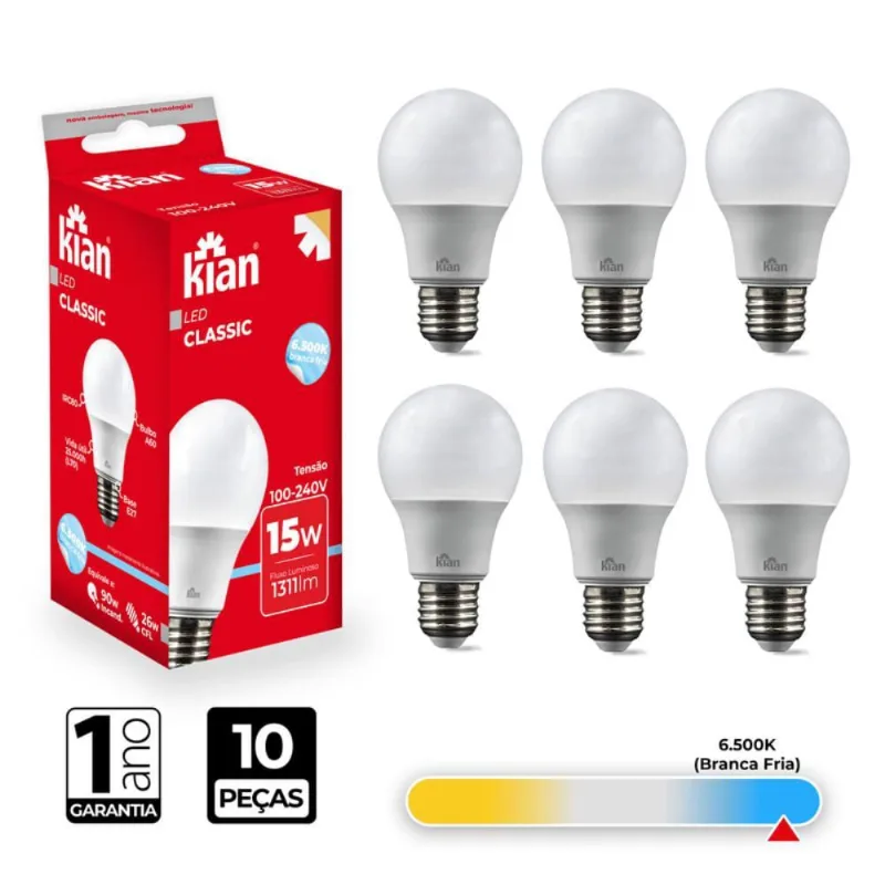 10 Lâmpada Led Bulbo A60 15W 6.500K Branca Fria Bivolt Kian