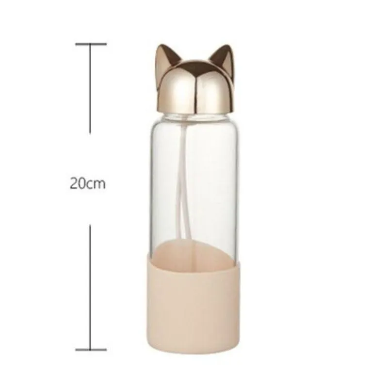 Garrafa De Vidro Com Tampa De Gatinho 350ml Não Vaza Kids