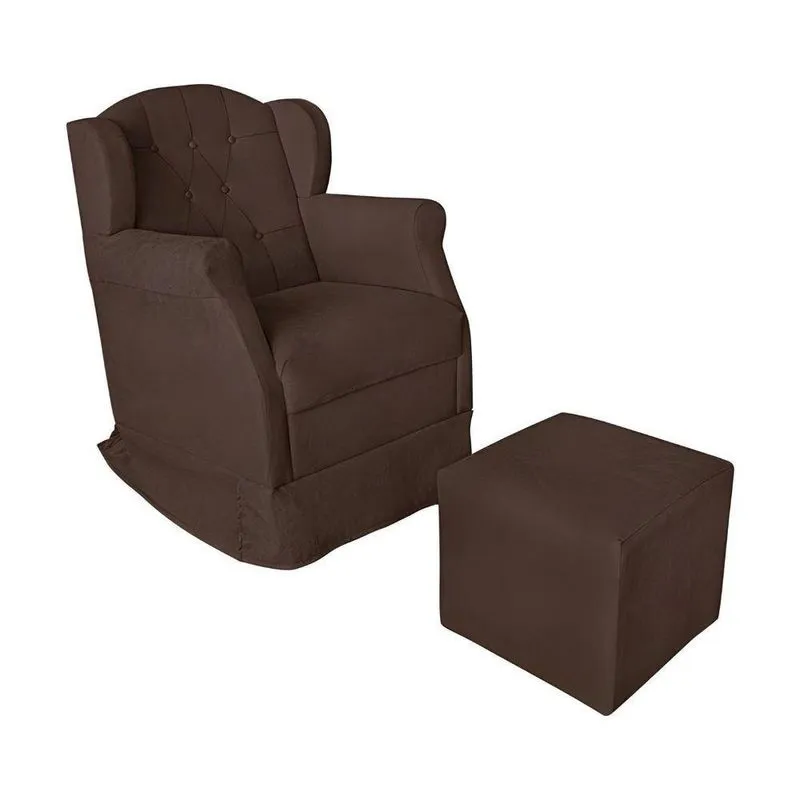 Poltrona Decorativa Amamentação Balanço Com Puff Suede Zoe marrom