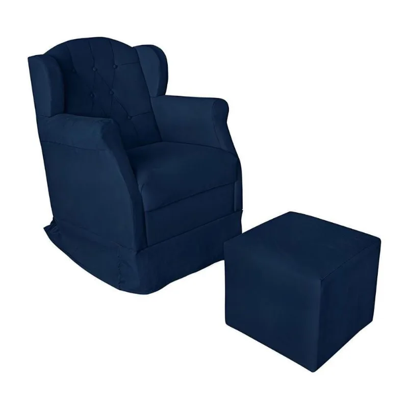 Poltrona Amamentação Balanço Confortável E Puff Suede Ariel azul Marinho