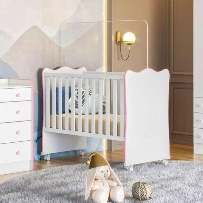 Berço 3 Níveis De Altura Quarto De Bebê Doce Sonho Com Rodízios Cor: branco Rosa
