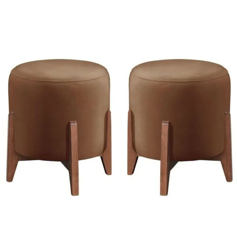 Kit 2 Puff Decorativo Para Sala Redondo Luxo Selena Veludo Capuccino