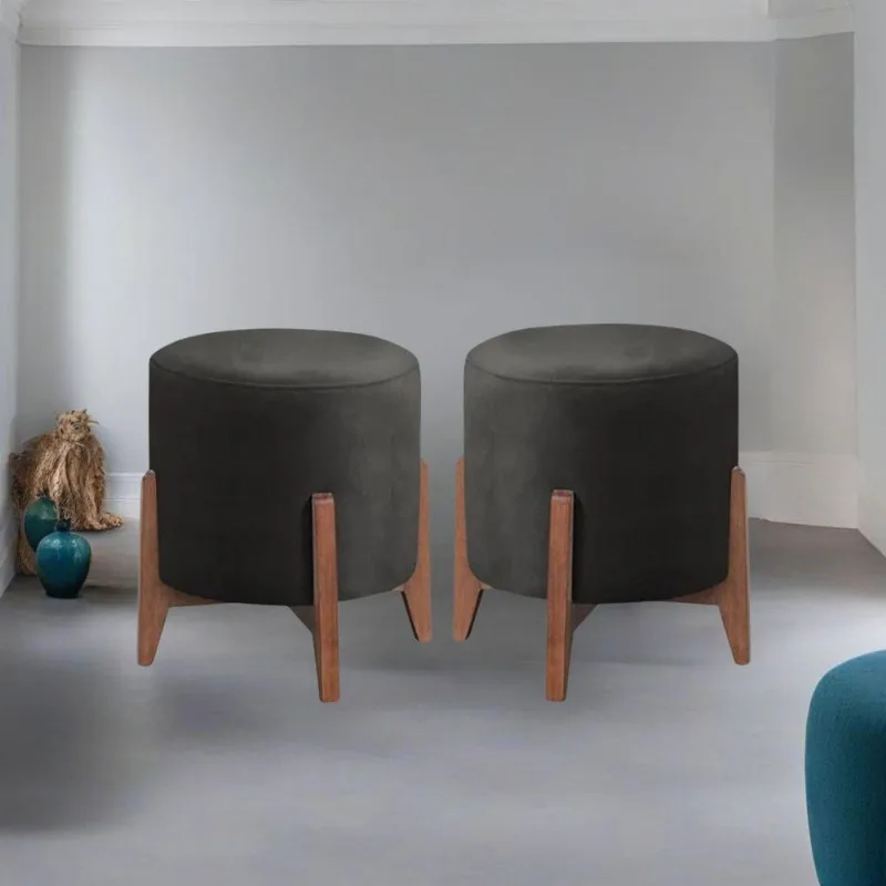 Kit 2 Puff Decorativo Para Sala Redondo Luxo Dallas Veludo Preto