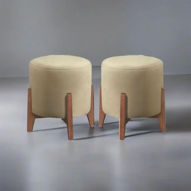 Kit 2 Puff Decorativo Para Sala Redondo Luxo Dallas Linho Bege