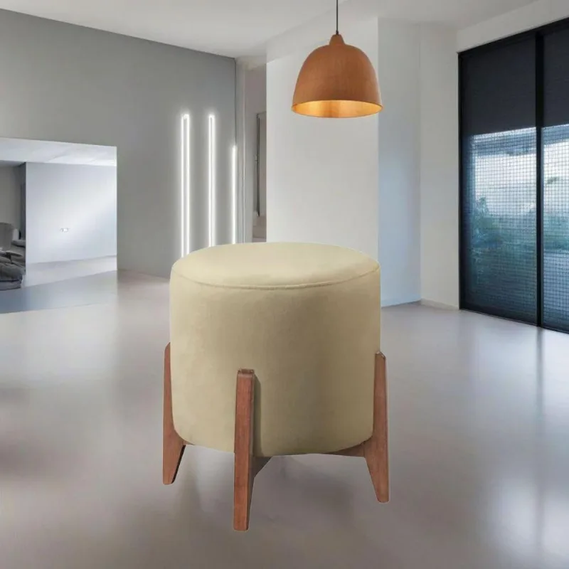 Puff Estofado Decorativo Redondo Sala De Estar Londres Suede Bege