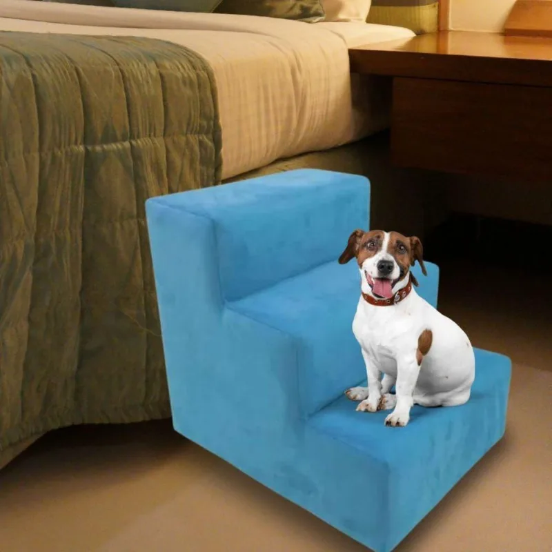 Escada Escadinha Pet Cachorro 3 Degraus Rampa Suede Dog Azul Turquesa