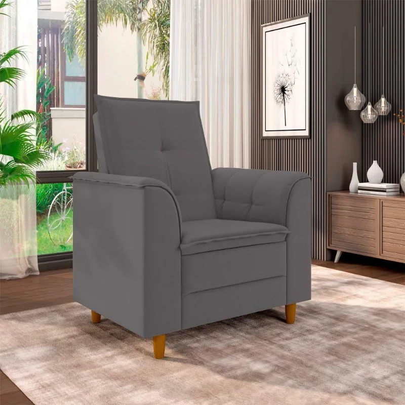 Poltrona Para Sala Confortável Decorativa Laura Suede Cinza