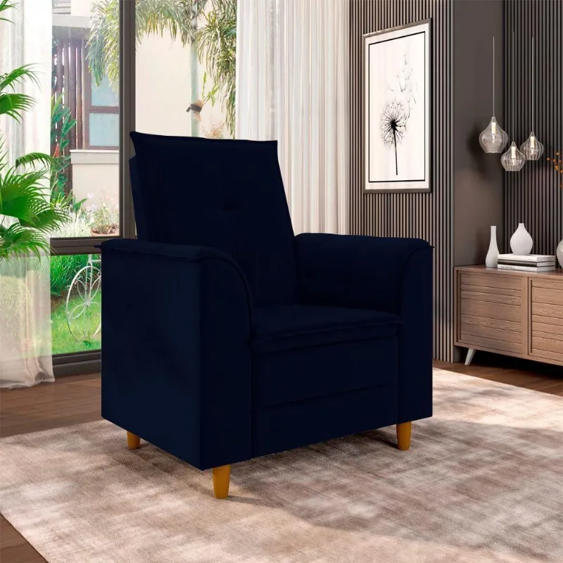 Poltrona Para Sala Confortável Decorativa Laura Suede Azul Marinho