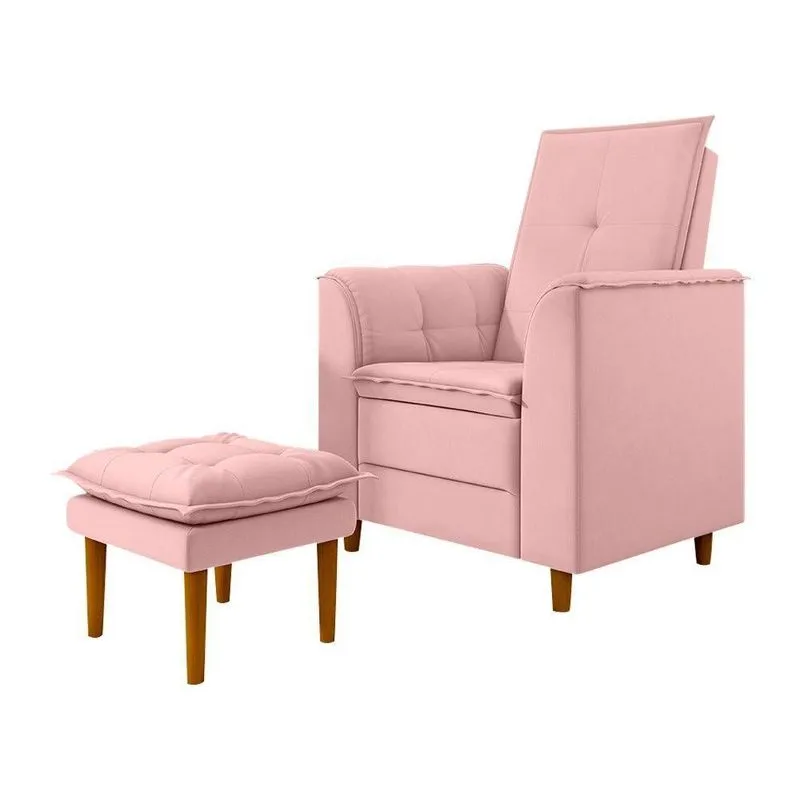Kit Poltrona E Puff Amamentação Confortável Glamour Veludo rosa