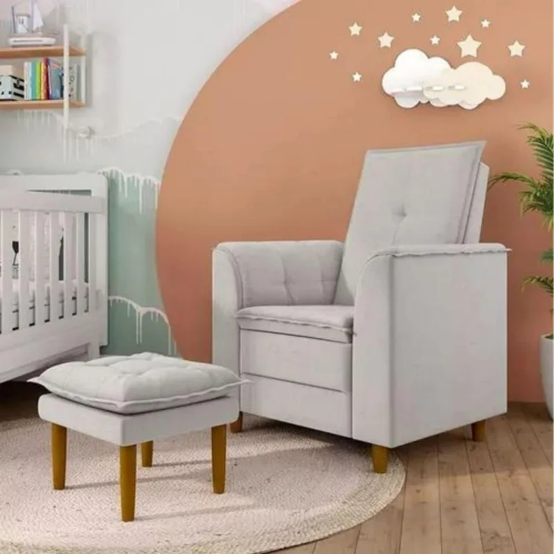 Poltrona Decorativa Amamentação Reforçada E Puff Luly Linho cinza