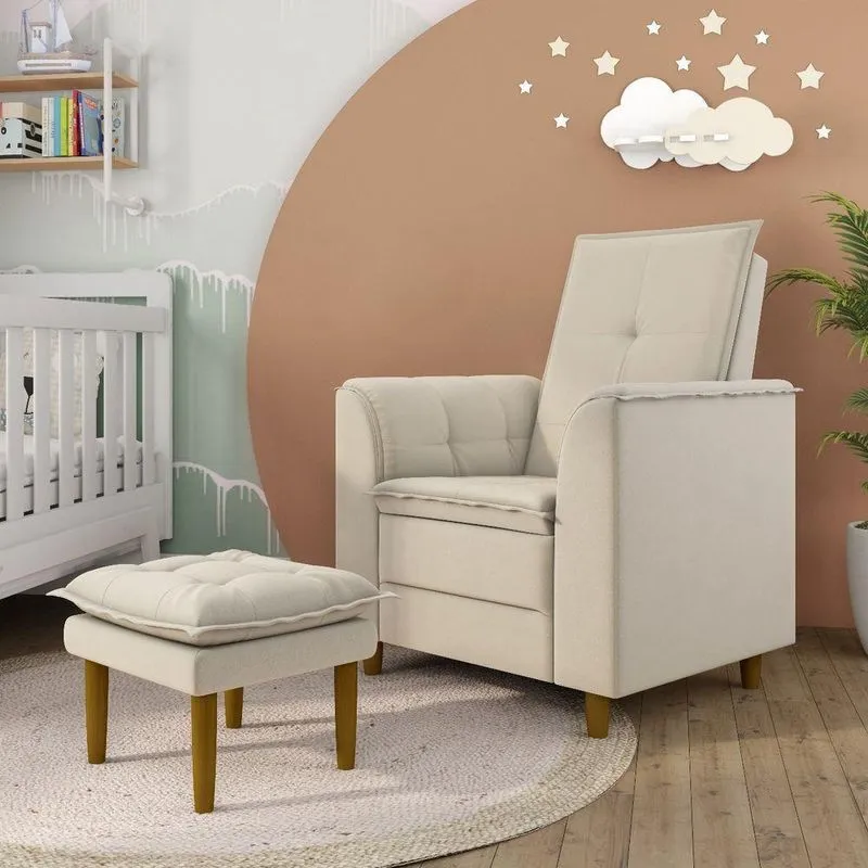 Poltrona Decorativa Amamentação Reforçada E Puff Alice Suede bege