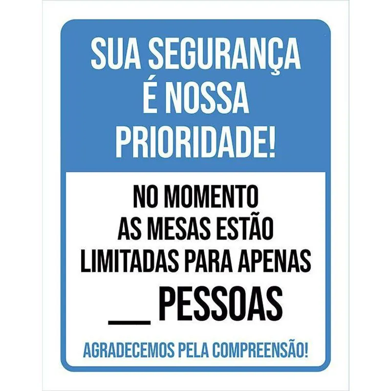Placa Distanciamento Social Mesas Limitadas Pessoas 27X35