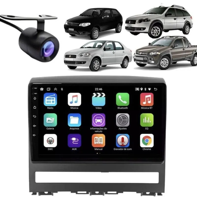 Central Multimídia Automotiva 2 Din E-tech Premium 9" Android 13 Wi-Fi Bluetooth Câmera de Ré Fiat