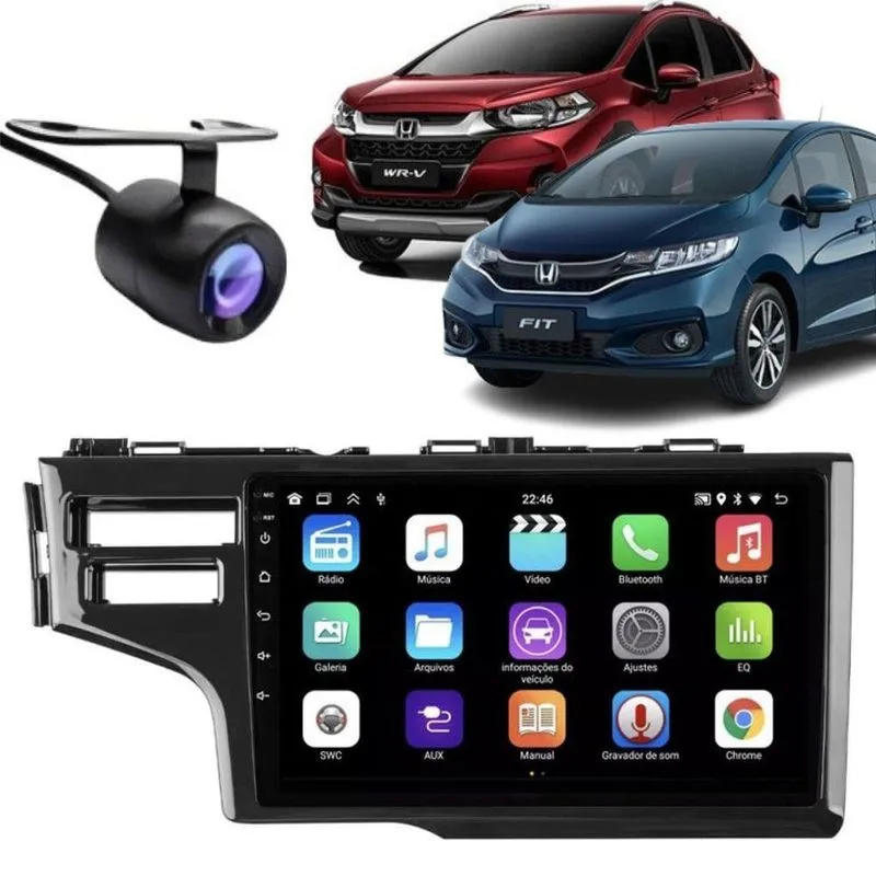 Central Multimídia 2 Din E-tech Premium 9 Polegadas Android 13 Preto com Câmera de Ré para Honda Fit