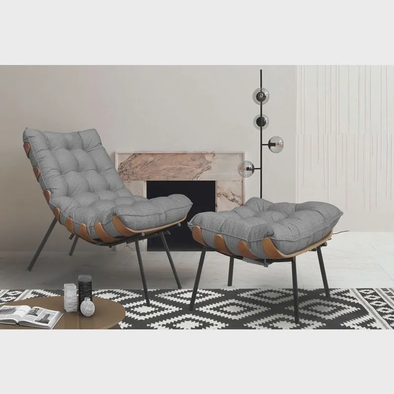 Kit poltrona decorativa costela com puff linho Cinza