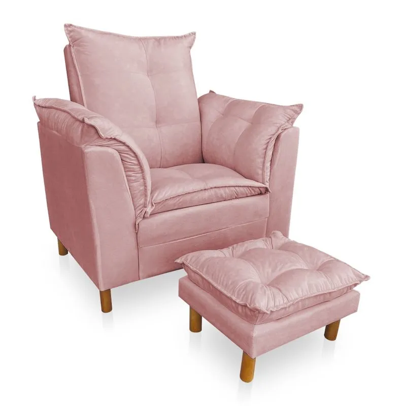 Poltrona de Amamentação Sara com Puff Veludo Rosa