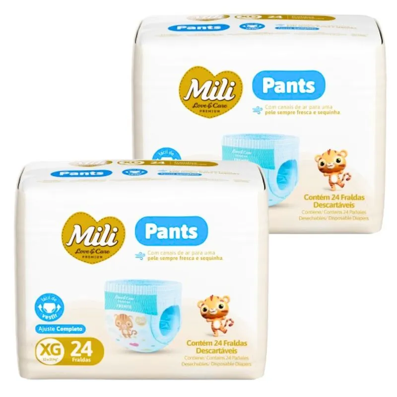 Fralda Descartável Mili Love & Care Premium Pants, Tamanho XG, Cintura Elástica 360º - 2 Pacotes Com 24 Unidades (total 48)