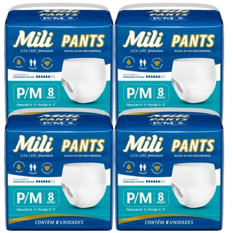 Fralda Pants Adulto Mili Vita Care Tam P/M premium 4 pacotes c/ 8 (total 32)