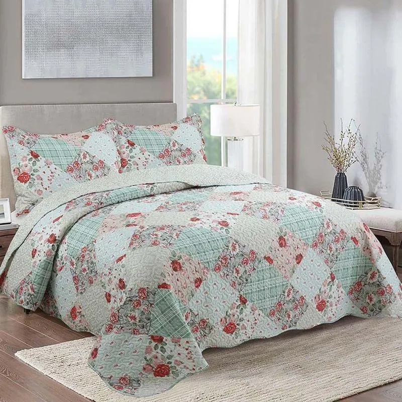 Cobre Leito Colcha Daily Casal 3 Peças Dupla Face Estampado Floral Verde Floral Brenda 100% Poliéster