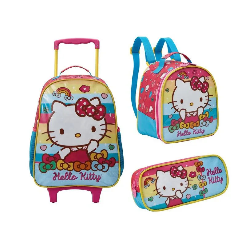 Kit Mochila Com Carrinho e Rodas com Lancheira e Estojo Hello Kitty