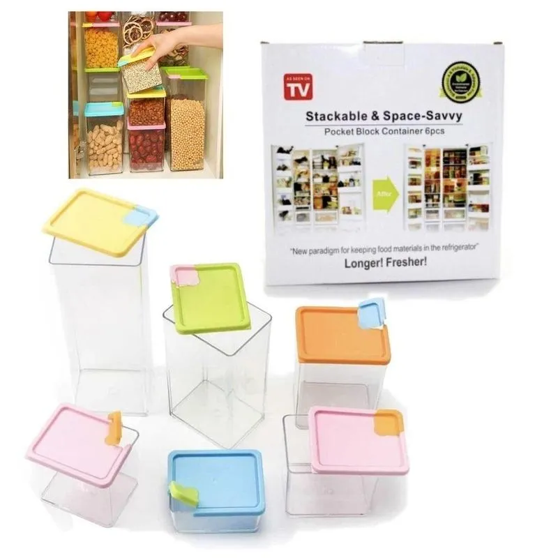 Organizador De Cozinha Kit 6 Potes Herméticos Empilháveis Plástico Resistente Alimentos Transparente