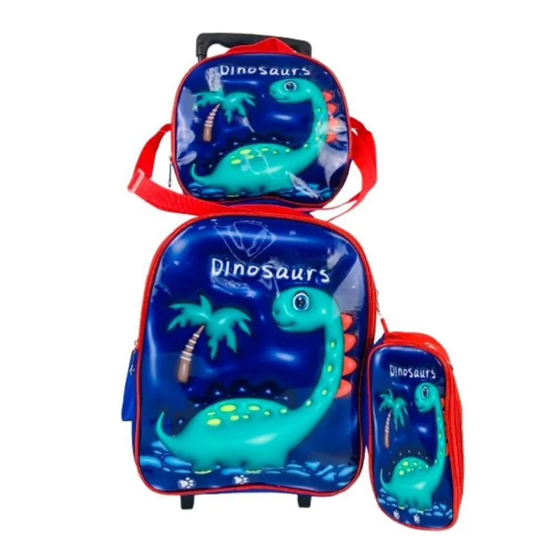Kit Mochila Rodinha Dinossauro Azul Lancheira Térmica Estojo